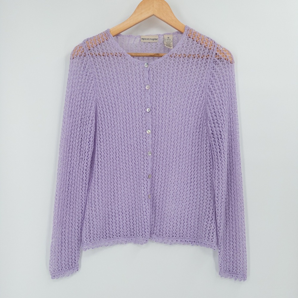 Vintage 90s Cardigan Women M Purple Open Knit Y2K Fairycore Lavender Boho Soft